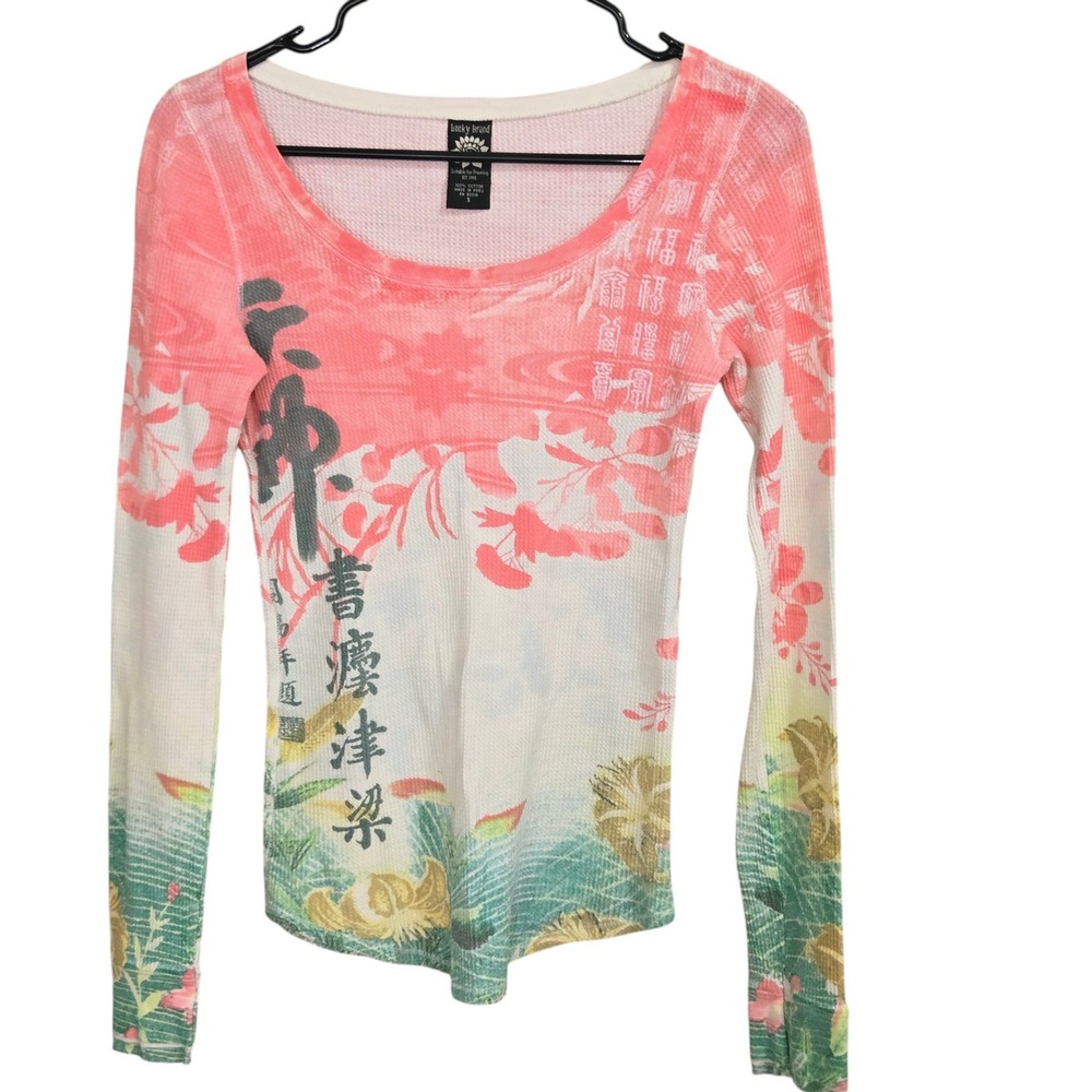 Vtg Lucky Brand y2K Thermal Top Womens S Asian Floral Graphic Waffle knit Skater